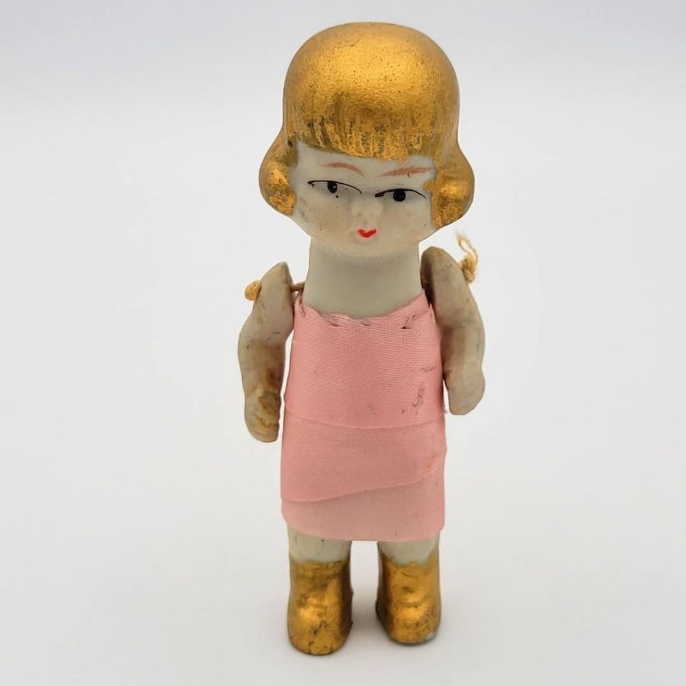 Antique Golden Hair & Shoes Frozen Charlotte with Articulated String Arms